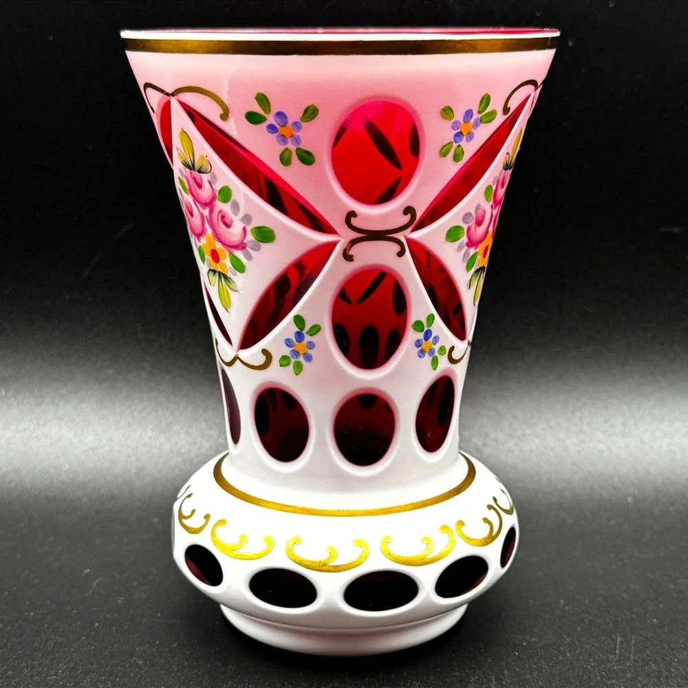 Vintage Bohemian Czech Ruby Cut to Clear White Overlay Floral Glass Vase 6
